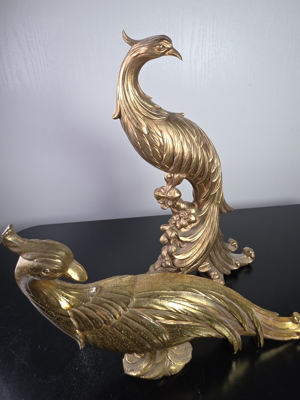 Gold Peacock Sculpture Pair - Elegant Home Art Décor By Syroco - Picture 3 of 13